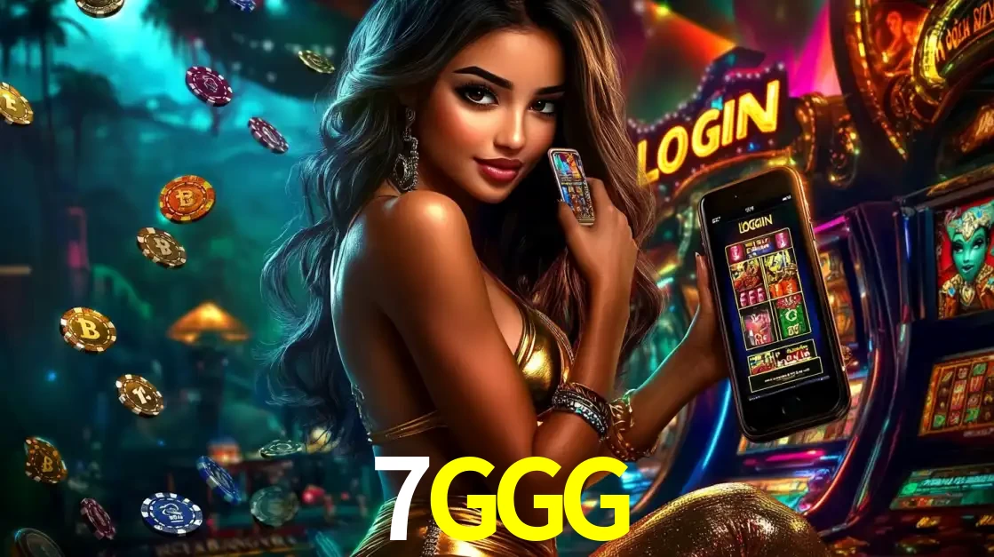 Mulher em um cenário de cassino temático de aventura, mostrando o app de caça-níqueis da 7GGG no celular. Fichas de apostas flutuam ao redor.
