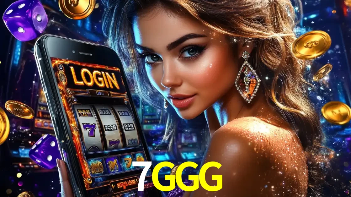 Mulher glamorosa segurando um smartphone com a tela de login para os jogos de caça-níqueis do cassino online 7GGG, com moedas de ouro e dados ao redor.
